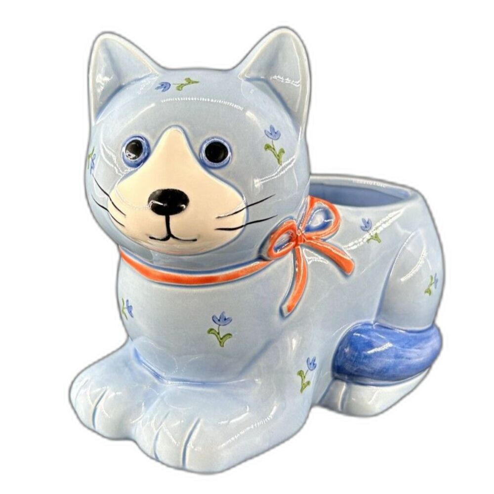 VTG Otagiri Japan Blue Cat With Floral Accents Pink Ribbon Small Planter